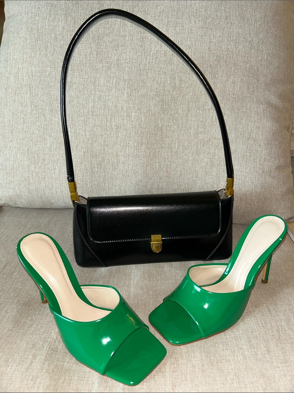 Liliana Green Patent Slide Mules with Black Shoulder Bag